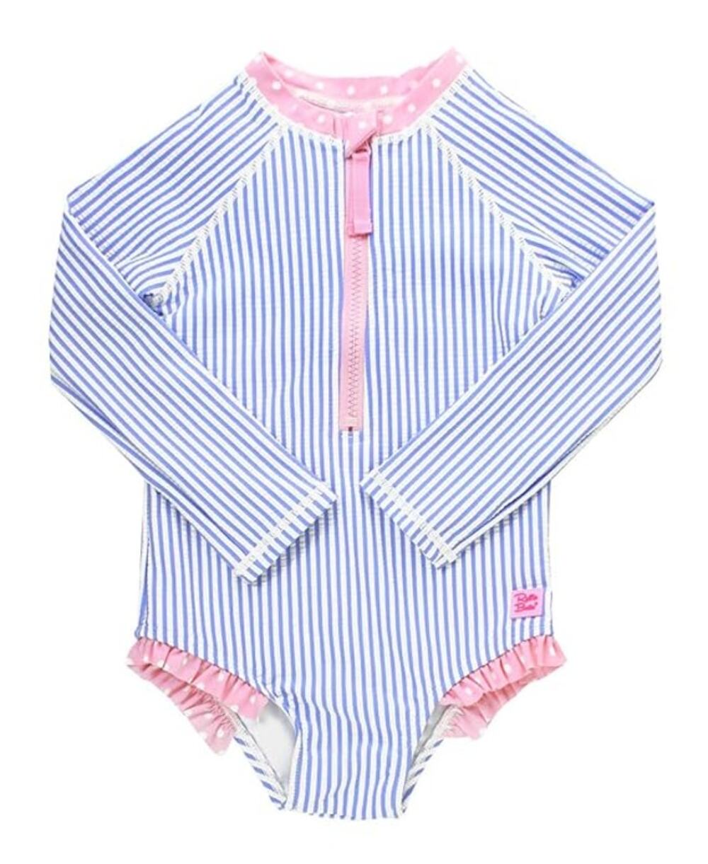 RuffleButts Seersucker Girls Long Sleeve One Piece Rash Guard 3T Periwinkle Blue